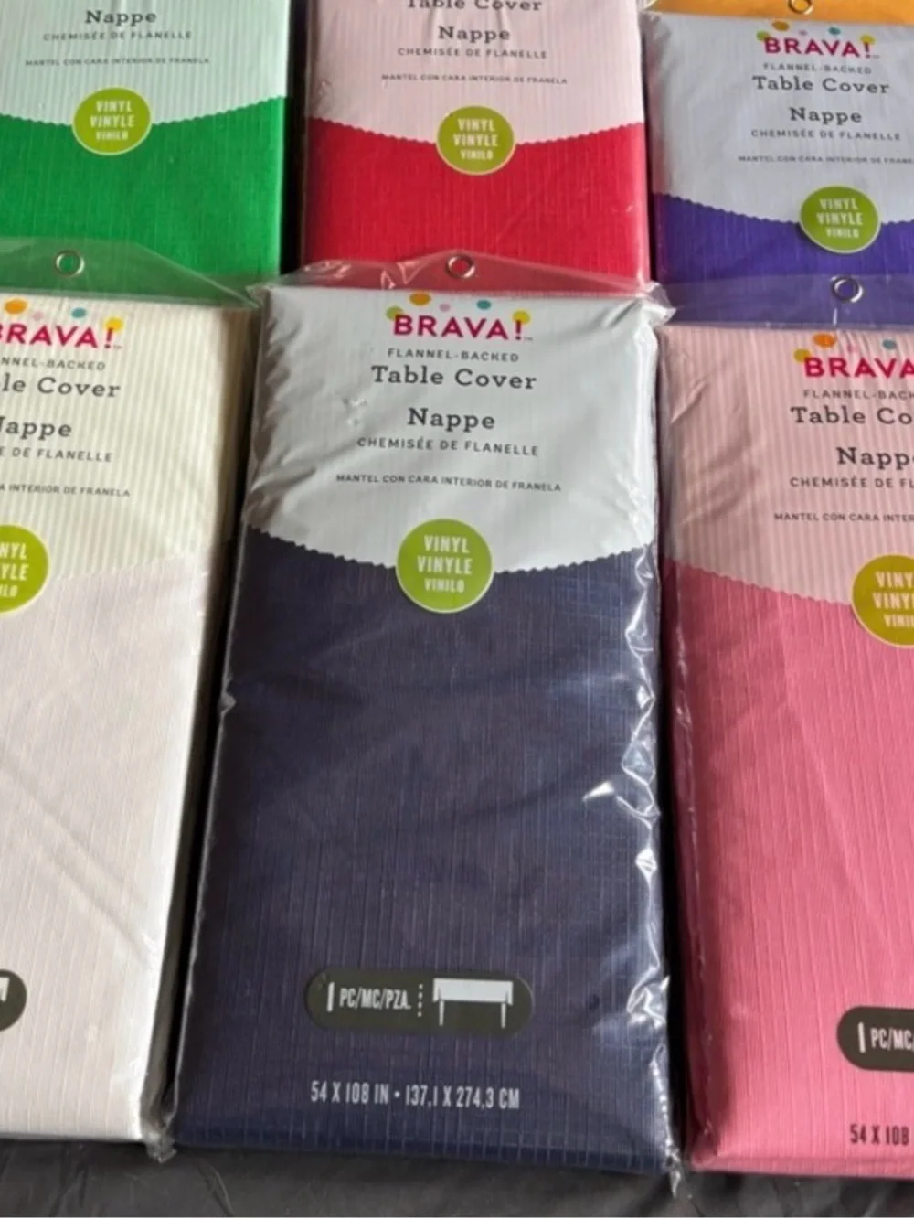 BRAVA! Flannel-Backed Vinyl Table Cover -Pink and Royal blue